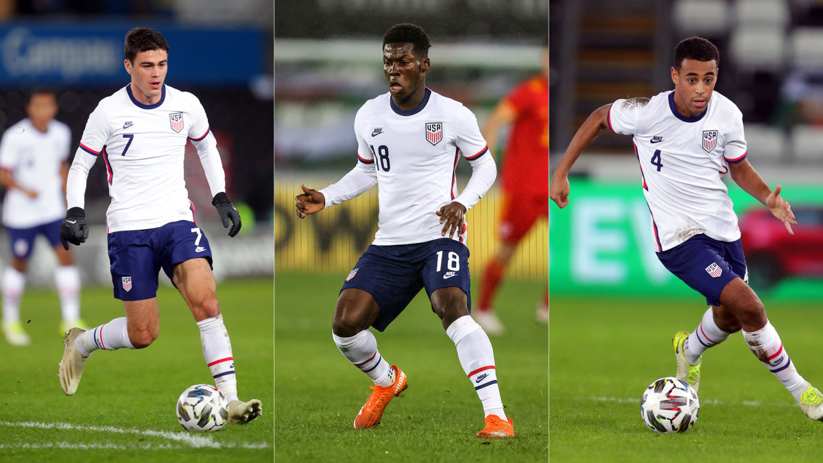 USA's Gio Reyna, Yunus Musah and Tyler Adams